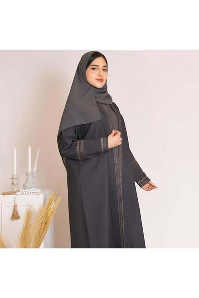 HAWRAA Hawra Abaya, a gray abaya with gray embroidery and pleats at the back