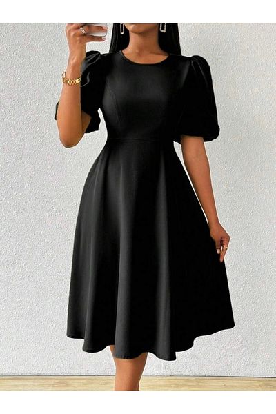 nedo7 Women's Short Balloon Sleeve Crew Neck Kiloş Janjan Crepe Dress