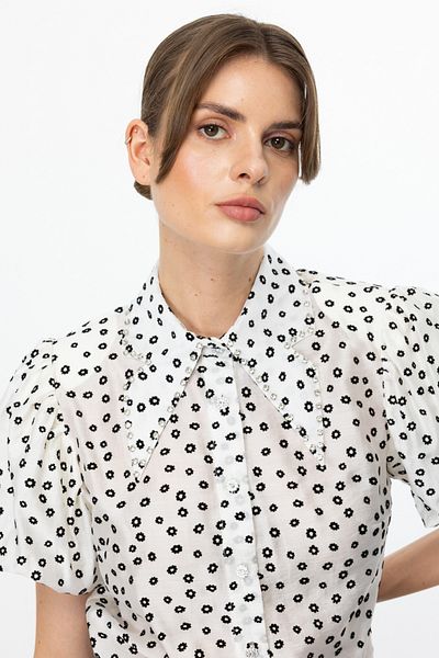Ekol Balloon Sleeve Floral Printed Blouse Ecru