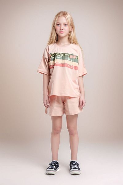 U.S. Polo Assn. Girl's Light Salmon 100% Cotton Crew Neck T-Shirt Shorts Set