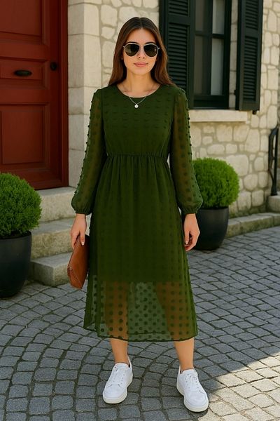 nedo7 Women's Long Sleeve Lining Detail Deal Product Pompom Chiffon Dress