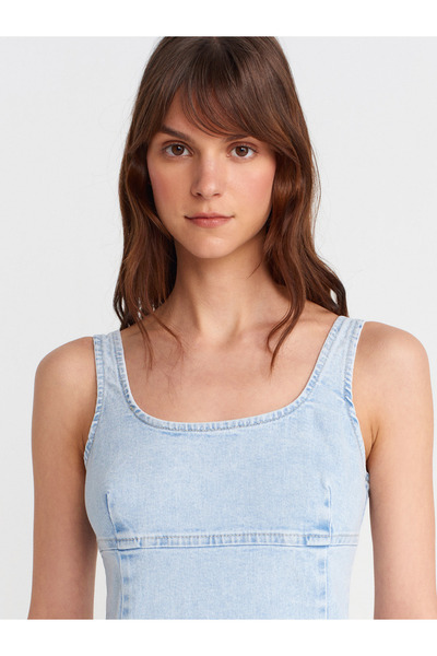 Dilvin 90554 Rochie din denim cu bretele groase din Lycra-Albastru