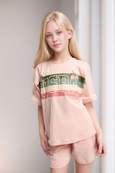 U.S. Polo Assn. Girl's Light Salmon 100% Cotton Crew Neck T-Shirt Shorts Set