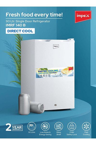 İMPEX IMRF 140- 90L Single Door Mini Refrigerator, 3 Cubic Feet Freezer Fridge,Lock Key Fast Cooling-White