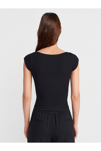 Dilvin 31809 Boat Neck Ribbed T-Shirt-Black