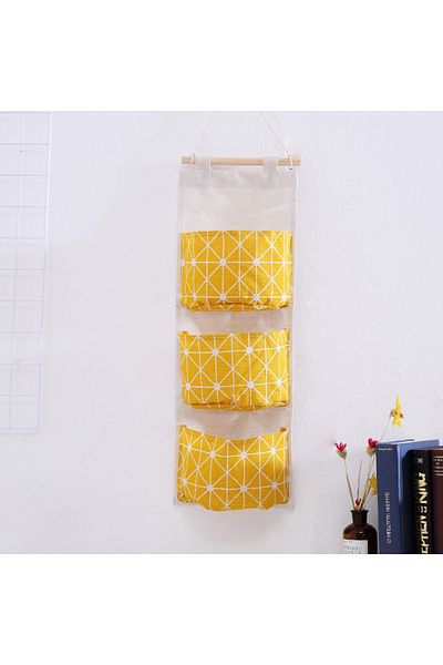 CRACOS Hanging bathroom organizer, 3 textile shelves, yellow color