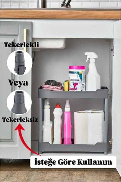 Bayev Clasy Grey 2 επιπέδων Organizer κάτω από νεροχύτη Μονάδα ραφιών Organizer κουζίνας μπάνιου με ρόδες