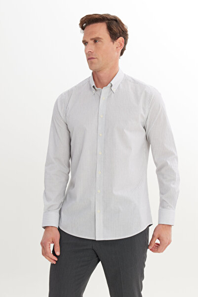 AC&Co / Altınyıldız Classics Men's Light Gray 100% Cotton Slim Fit Slim Fit Button Collar Shirt