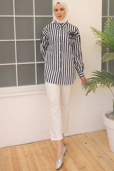 giyze Rose Accessory Striped Shirt Navy Blue 2094