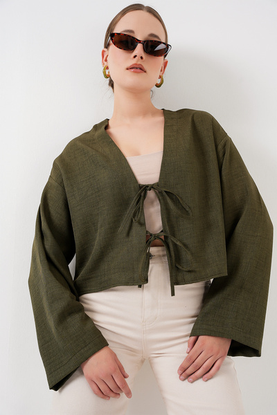 Bigdart Tie Front Linen Kimono 960 - Khaki