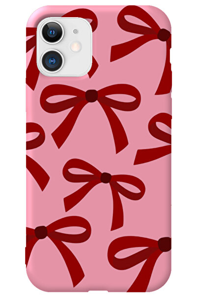 WANNA PROTECT iPhone 11 Pembe İçi Kadife Kırmızı Fiyonk Desenli Silikon Telef...