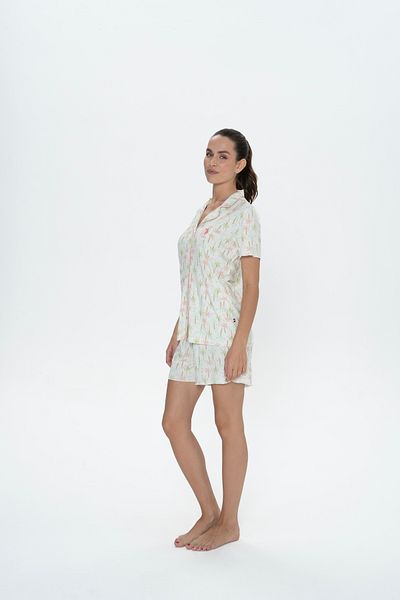 U.S. Polo Assn. U.S. Polo Assn. Women's Ecru Patched Palm Pattern Shorts-Shirt Pajama Set - Arass20W08W1W