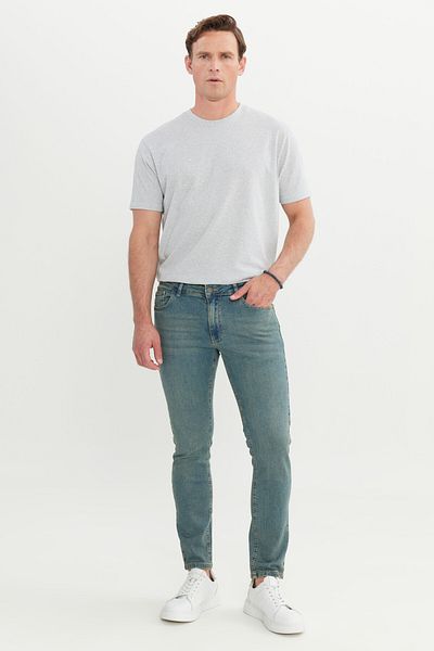AC&Co / Altınyıldız Classics Bumbac albastru petrol pentru bărbați, cu croiala extra subțire, cu 5 buzunare, blugi elastici Pantaloni din denim