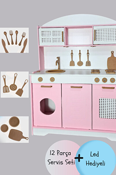hedefixtoys Küçük Şef Pembe Ahşap Oyuncak Mutfak 12 Parça Servis Setli Ve Led