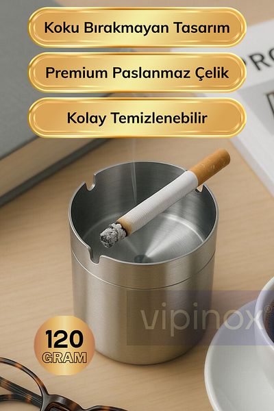 Vipinox Stainless Steel Lid Premium Odorless Ashtray Hotel Cafe Restaurant Ash Tray 120 Gr