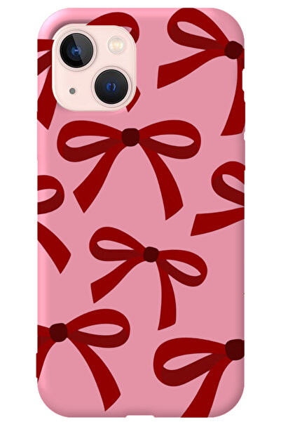 WANNA PROTECT iPhone 14 Plus Pembe İçi Kadife Kırmızı Fiyonk Desenli Silikon ...