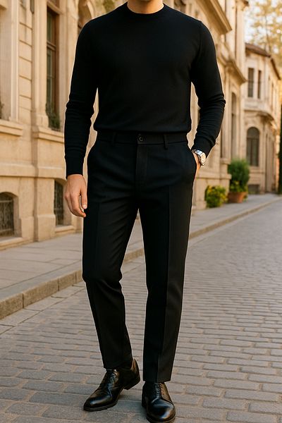 Tutals Men's Black Color Italian Cut Ankle Length Slim Fit Comfortable Fit Fabric Trousers