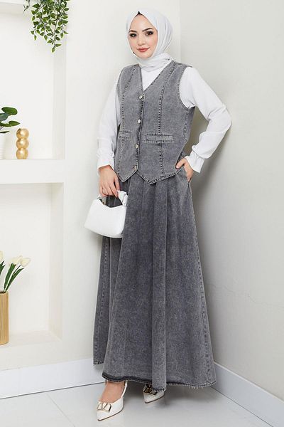 hafsamina Vest Denim Skirt Suit Anthracite Hm2675