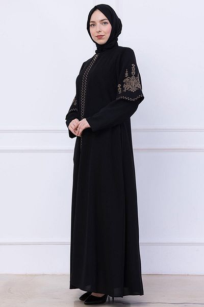 hafsamina Embroidery Detailed Ferace Black Hm2733