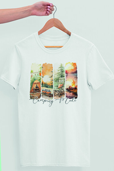 qoeuyl boutique تي شيرت أبيض قطني بقصة عادية للجنسين مطبوع عليه وضع التخييم