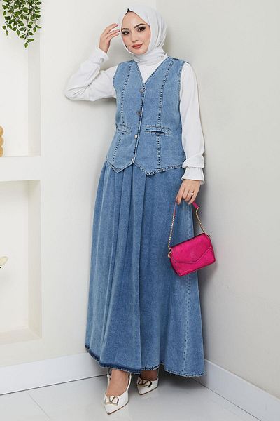 hafsamina Vest Denim Skirt Suit Blue Hm2675