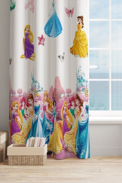 farbateks Princess Patterned Model Colorful Girl's Room 2 Layer Pleated Sunshade Background Curtain