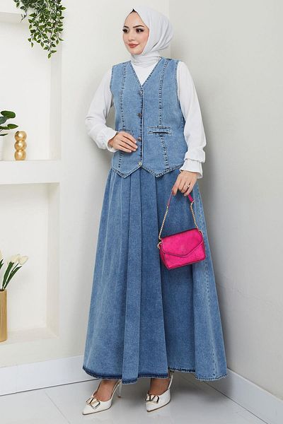 hafsamina Vest Denim Skirt Suit Blue Hm2675