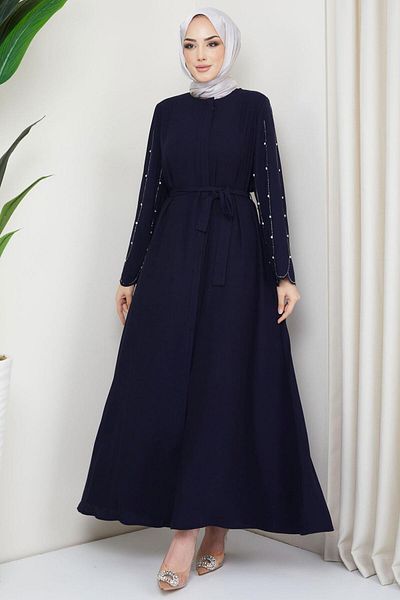 hafsamina Hidden Pat Ferace Navy Blue Hm2152 with Handle Stone
