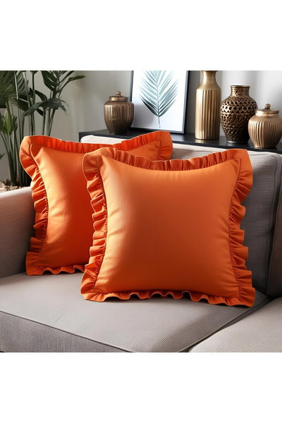 Bc Home 2'li Turuncu Country Fırfırlı Kare Kırlent Kılıfı Yumuşak Dokulu Vint...
