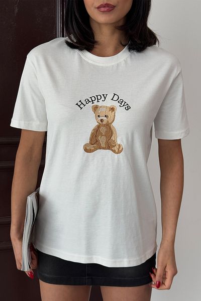 Ortaya Çık White Happy Days Embroidered Basic T-Shirt
