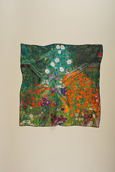silqoora %100 İpek Bandana Fular (55x55 CM)-Gustav Klimt (Yaz Bahçesi)