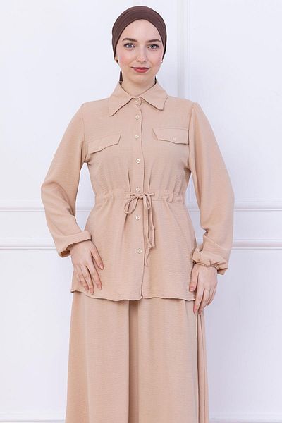 hafsamina Ayrobin Suit with Tie Waist Skirt Beige Hm2734