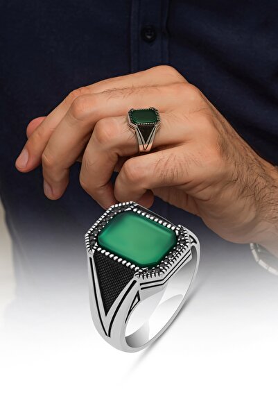 ALYANSEVİM Yeşil Taşlı Kare Tasarım 925 Gümüş Yüzük