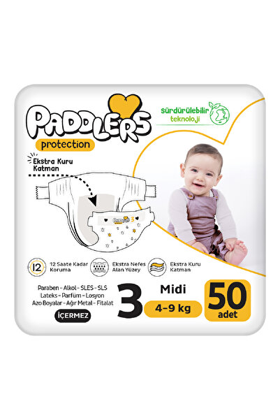 Paddlers Protection Bebek Bezi 3 Numara Midi 50 Adet (4-9 Kg) Jumbo Paket