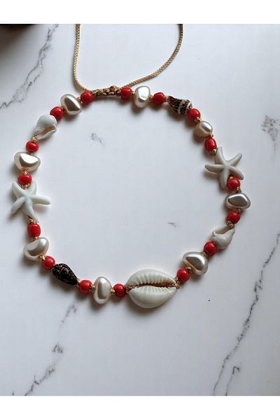 Amabel Jewelerys Red Women's Anklet with Mussel Shell, Pearl and Starfish Detail