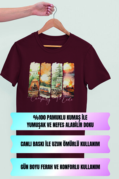 qoeuyl boutique Camping Mode Printed Summer Themed Unisex Regular Fit Cotton Claret Red T-Shirt