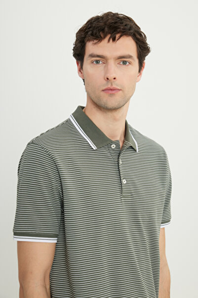 ALTINYILDIZ CLASSICS Ανδρικό μπλουζάκι από βαμβακερό χακί Slim Fit Slim Fit Polo με ριγέ μπλουζάκι