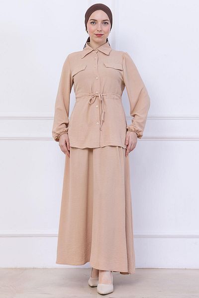 hafsamina Ayrobin Suit with Tie Waist Skirt Beige Hm2734