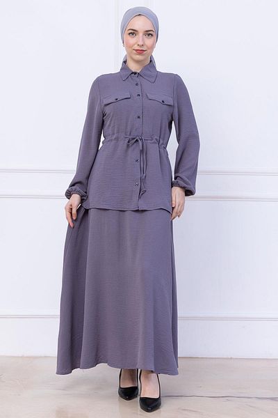 hafsamina Ayrobin Suit with Tie Waist Skirt Gray Hm2734