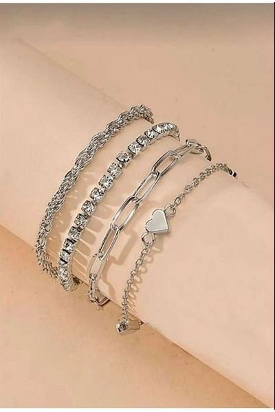 Valona Jewelry 4-Piece Heart Detailed Silver Color Combination Bracelet