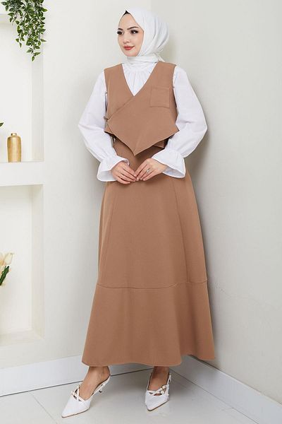 hafsamina Side Tie Vest Suit Mink Hm2723