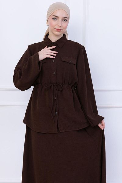 hafsamina Ayrobin Suit with Tie Waist Skirt Brown Hm2734