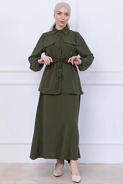hafsamina Ayrobin Suit with Tie Waist Skirt Khaki Hm2734