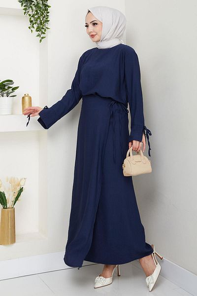 hafsamina Lace Detailed Skirt Suit Navy Blue Hm2724