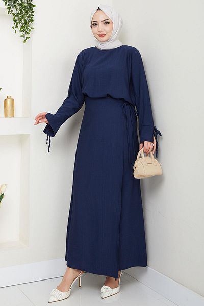 hafsamina Lace Detailed Skirt Suit Navy Blue Hm2724