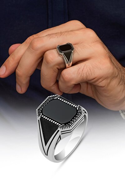 ALYANSEVİM Siyah Oniks Taşlı Kare Tasarım 925 Gümüş Yüzük