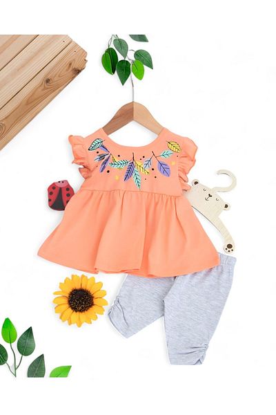 VOY KİDS Baby Girl Flower Printed Backless Summer 6-9-12-18-24 Months Bottom Top Set