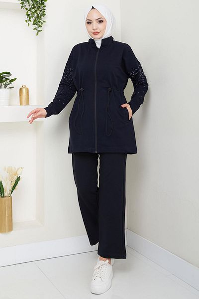 hafsamina Lace-Up Suit with Stones on the Sleeves and Waist Navy Blue Hm2718