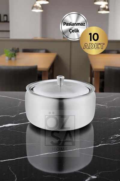 ÖzSa Home 10Pcs Stainless Steel with Lid Premium Sugar Bowl Turkish Delight Bowl Cube Sugar Bowl Hotel Cafe Restaurant Sugar Bowl