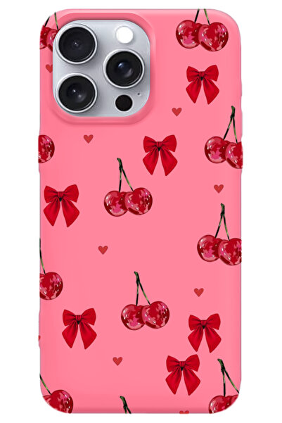 WANNA PROTECT iPhone 15 Pro Max Pembe İçi Kadife Kiraz Fiyonk Desenli Silikon...